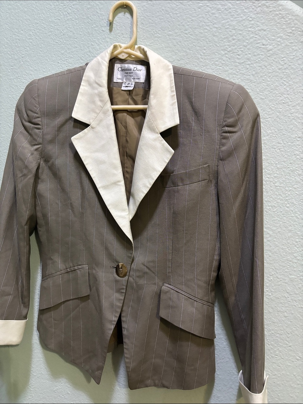 Dior Taupe Pinstripe Blazer with Cream Contrast Collar vintage